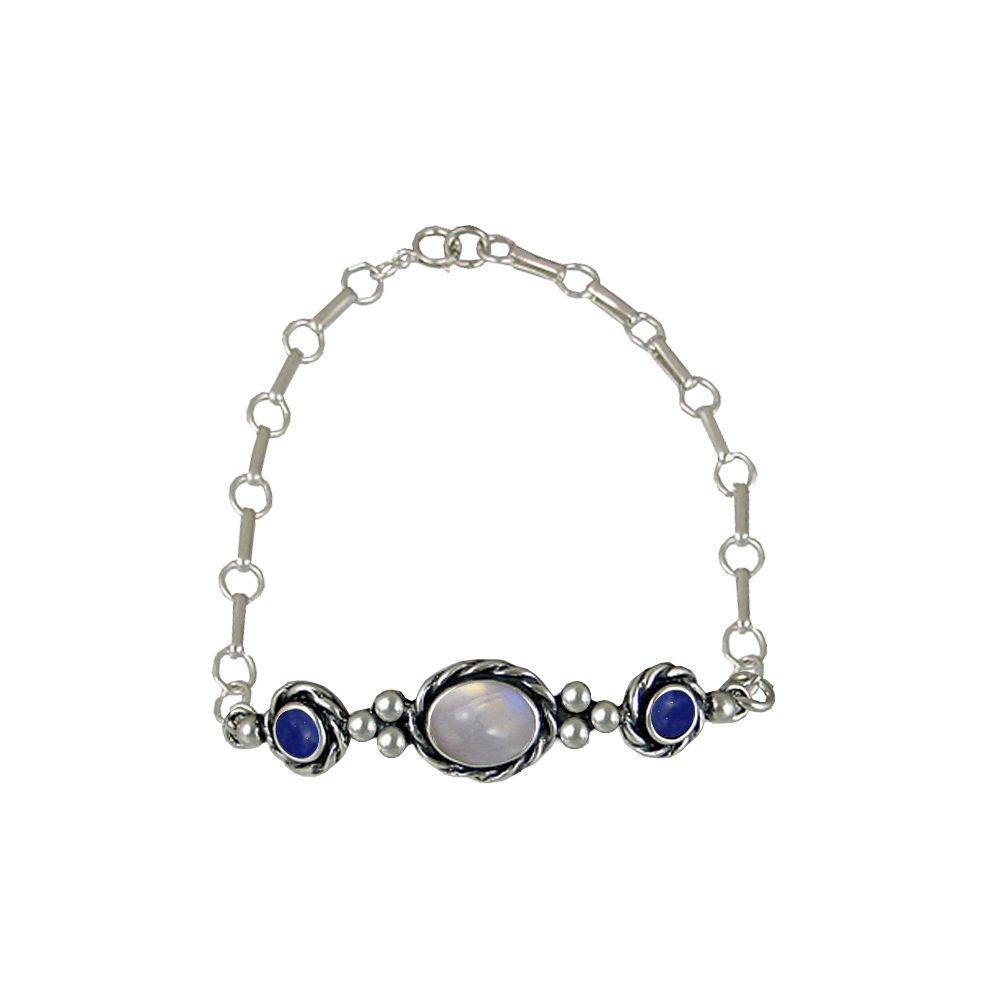Sterling Silver Bracelet With Adjustable Chain Rainbow Moonstone And Lapis Lazuli